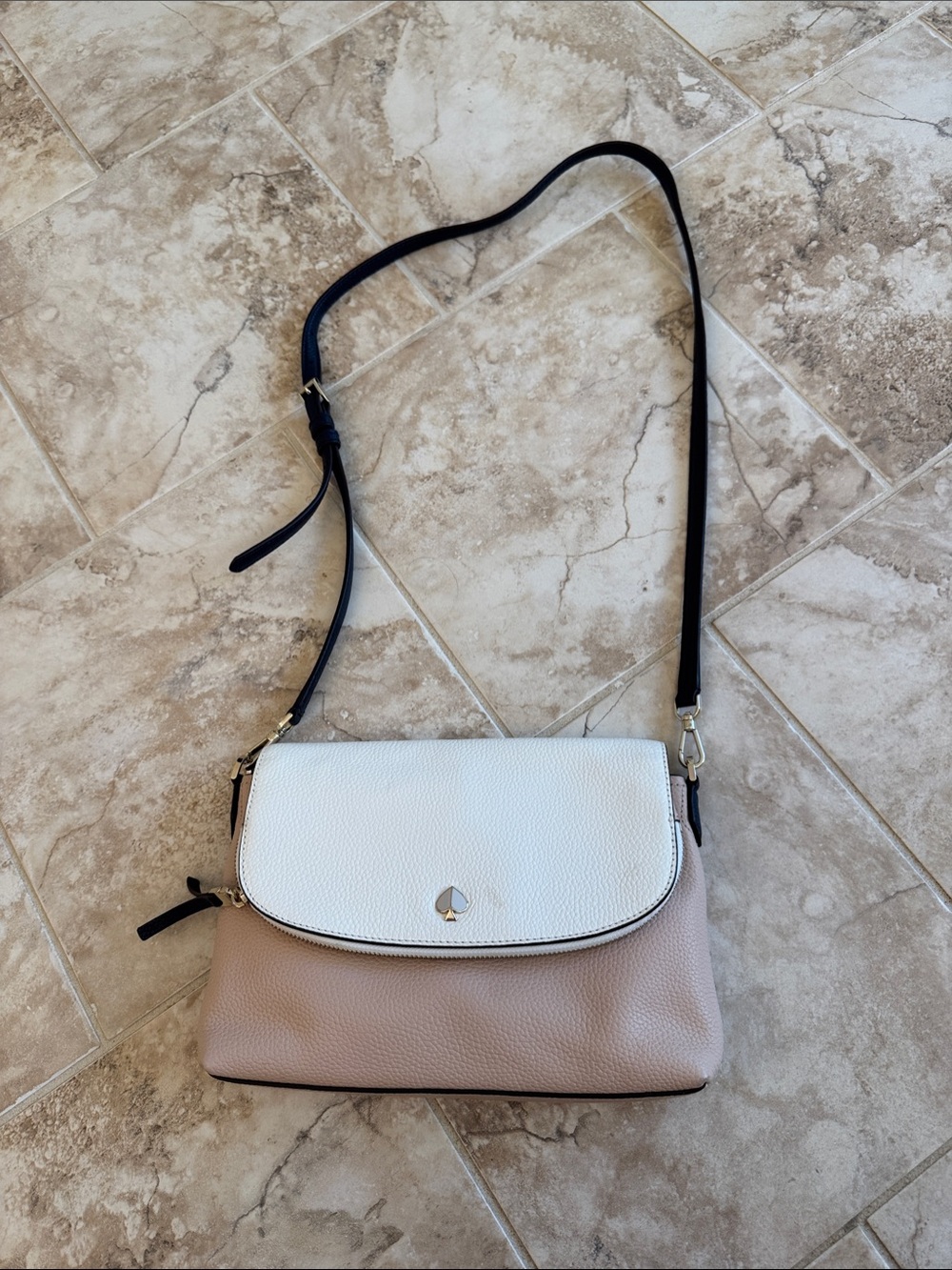 kate spade Two-Tone Pebbled Leather Crossbody in White & Blush with Black Strap